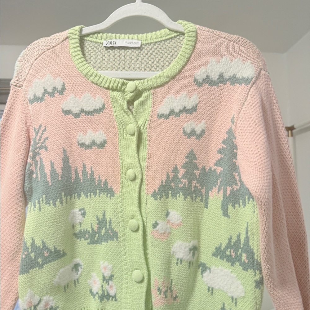 Zara pastel green and pink sheep jacquard knit cardigan